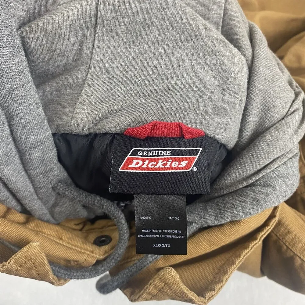 Dickies Jacket Mens Extra Large Brown Hooded Quilted Lined Duck Canvas Full Zip